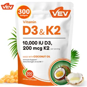 VEV Vitamin D3 K2 10000 IU, Virgin Coconut Oil, 2 in 1 Vitamins Supplement, 300 Softgels