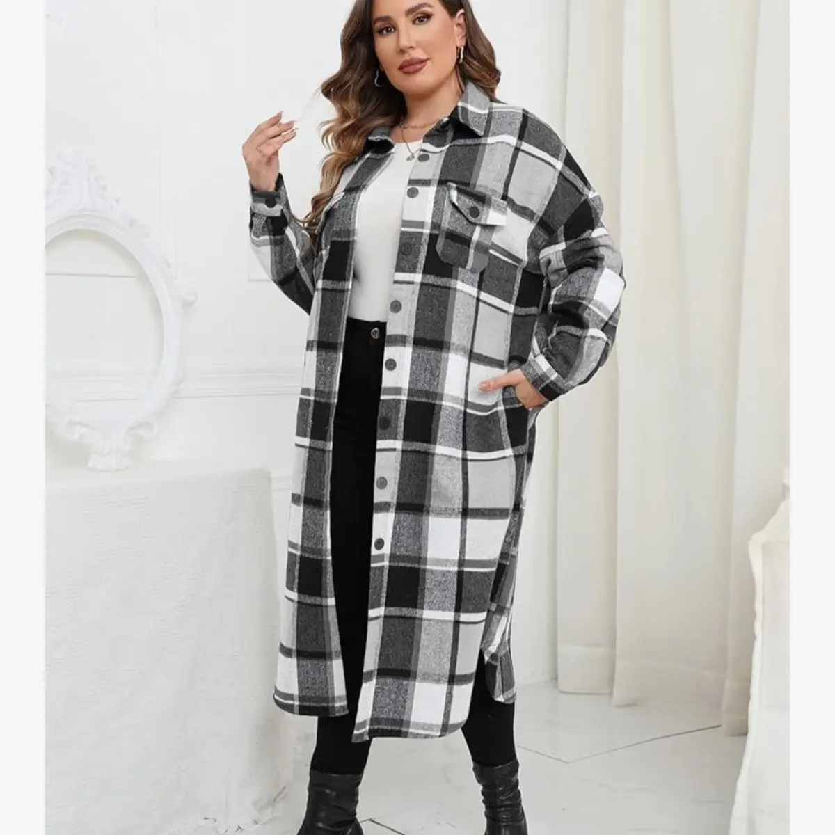 ZOMVA Women's Plus Size 0X-5X Plaid Flannel Long Jacket Coat Oversized Button Down Outwear with Pockets