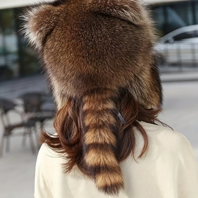 2026 Retro Y2K Raccoon Tail Mood Hat, Adjustable Hypoallergenic Cozy Winter Cottagecore Hat with Detachable Fluffy Earmuffs, Machine Washable Fashion Accessory for Outdoor & Casual Wear