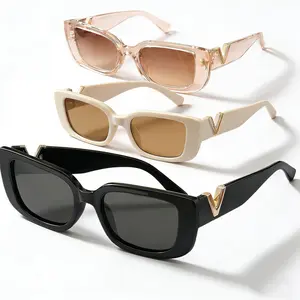 Retro V Logo Square Sunglasses for Women Men, Trendy Luxury Designer Style UV400 Protection Sun Glasses, Fashion Shades for Beach Vacation Streetwear