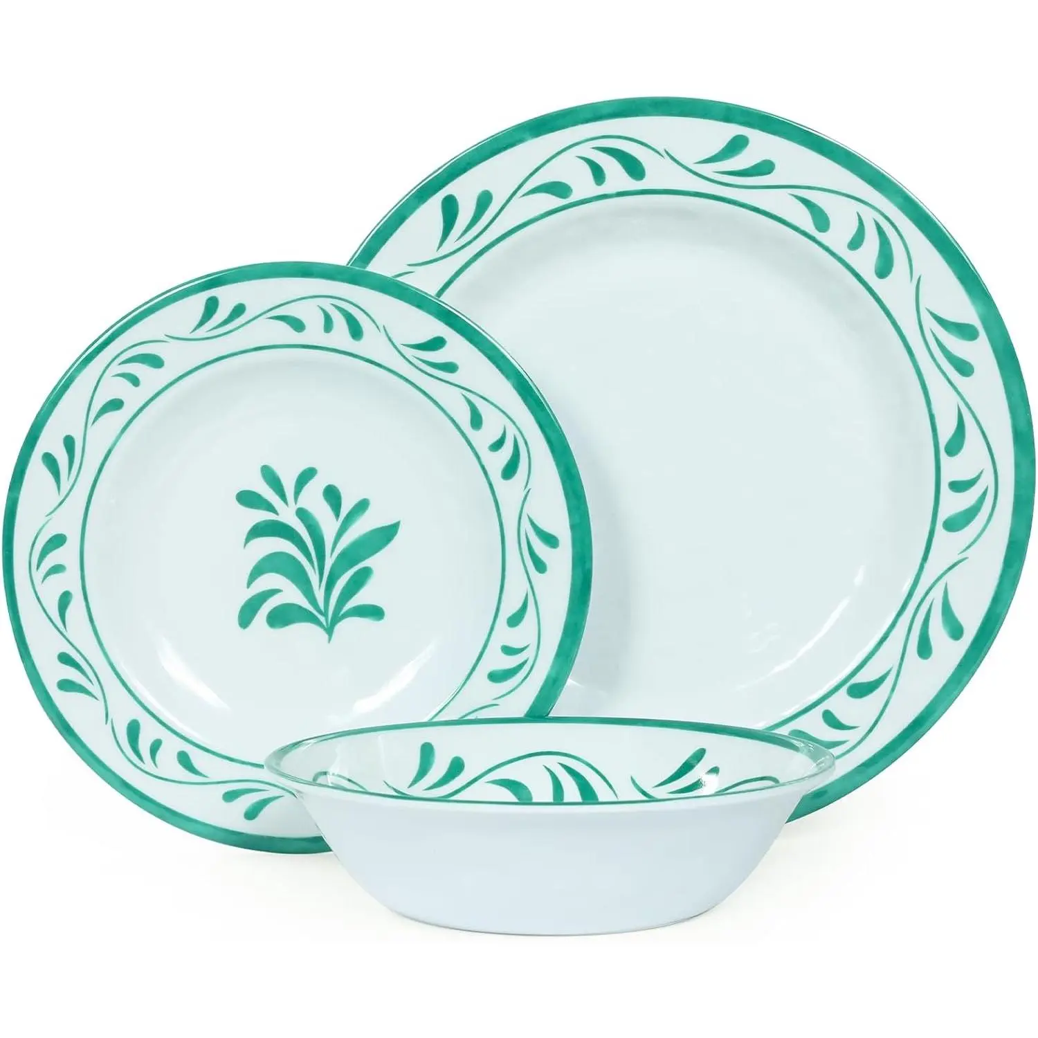 Molidiki Melamine Dinnerware Sets 12 Pcs, Melamine Plates and Bowls,Party Plates and Bowls Sets, Camping Dishes Set for 4, Unbreakable BPA Free Green water drop flower Dishwasher Safe