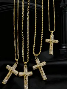 Unisex 14k Gold Plated Cuban Figaro Miami Jesus Cross Chain Necklace, Cross Necklaces, Casual Fashion Jewelry, Party Wear, Daily Decoration, Birthday Gift, Cross Pendant, Cuban Link Chain, Cross Design Pendant
