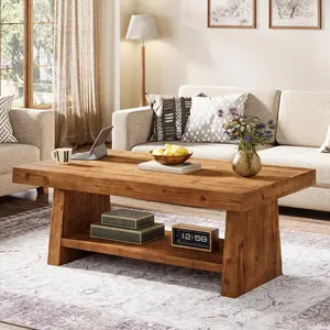 TRIBEWOOD Solid Wood Coffee Table, 47-Inch Farmhouse Wood Center Table with Storage, 2-Tier Rectangular Living Room Furniture for Apartment, Bedroom, Office, Natural Brown