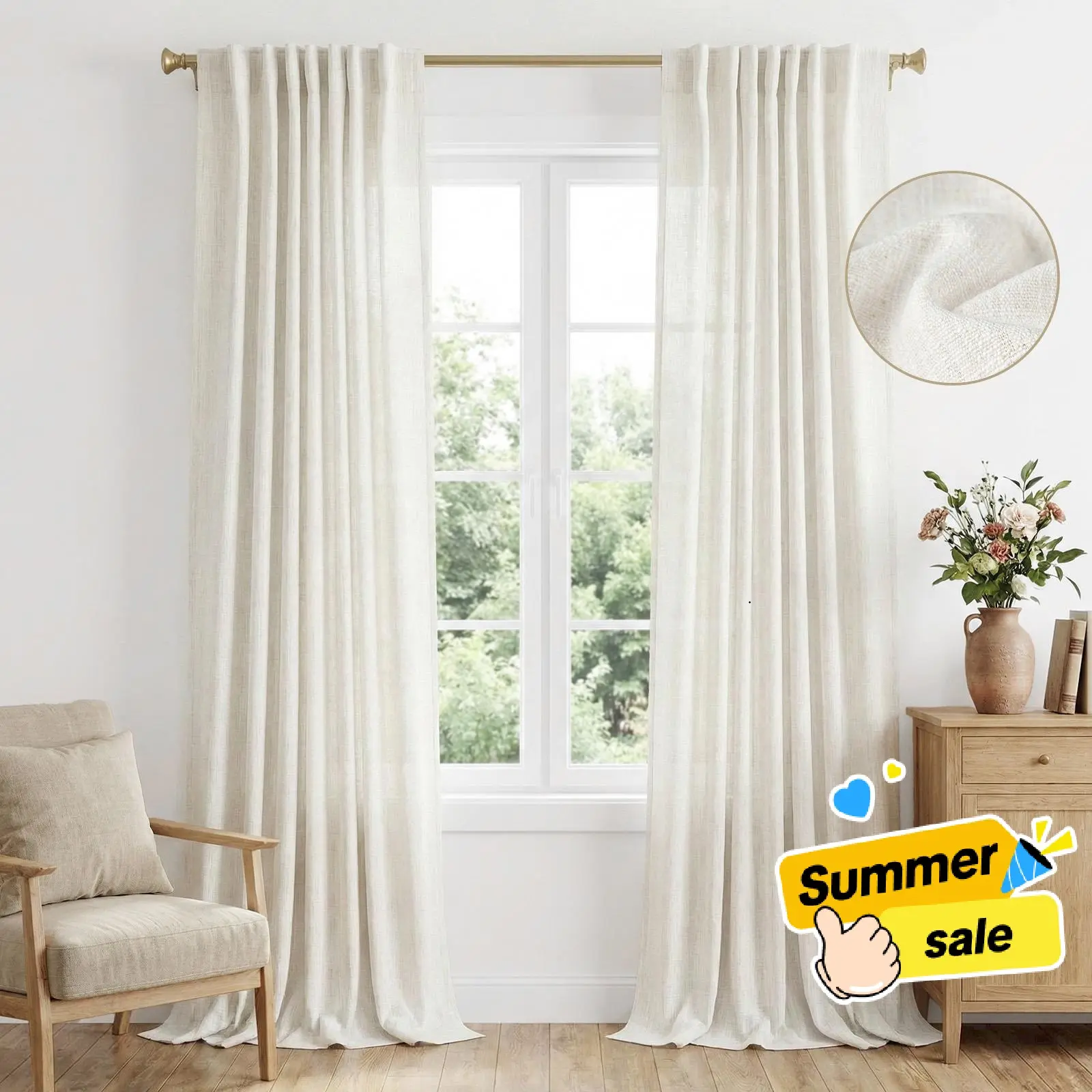 Back To School Inovaday 2pcs Linen Curtains for Living Room Bedroom, Unlined Curtains Drapes Back Tab Semi Sheer Privacy Curtains, Light Filtering Farmhouse Outdoorfun,dorm essentials,home decor,home essentials