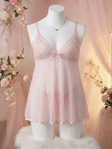 Women's Lace Bow Sleepwear & Loungewear Set with Straps, Soft Breathable Sheer Mesh Design, Elegant Nightgown & Panty Combo, Perfect for Home Comfort