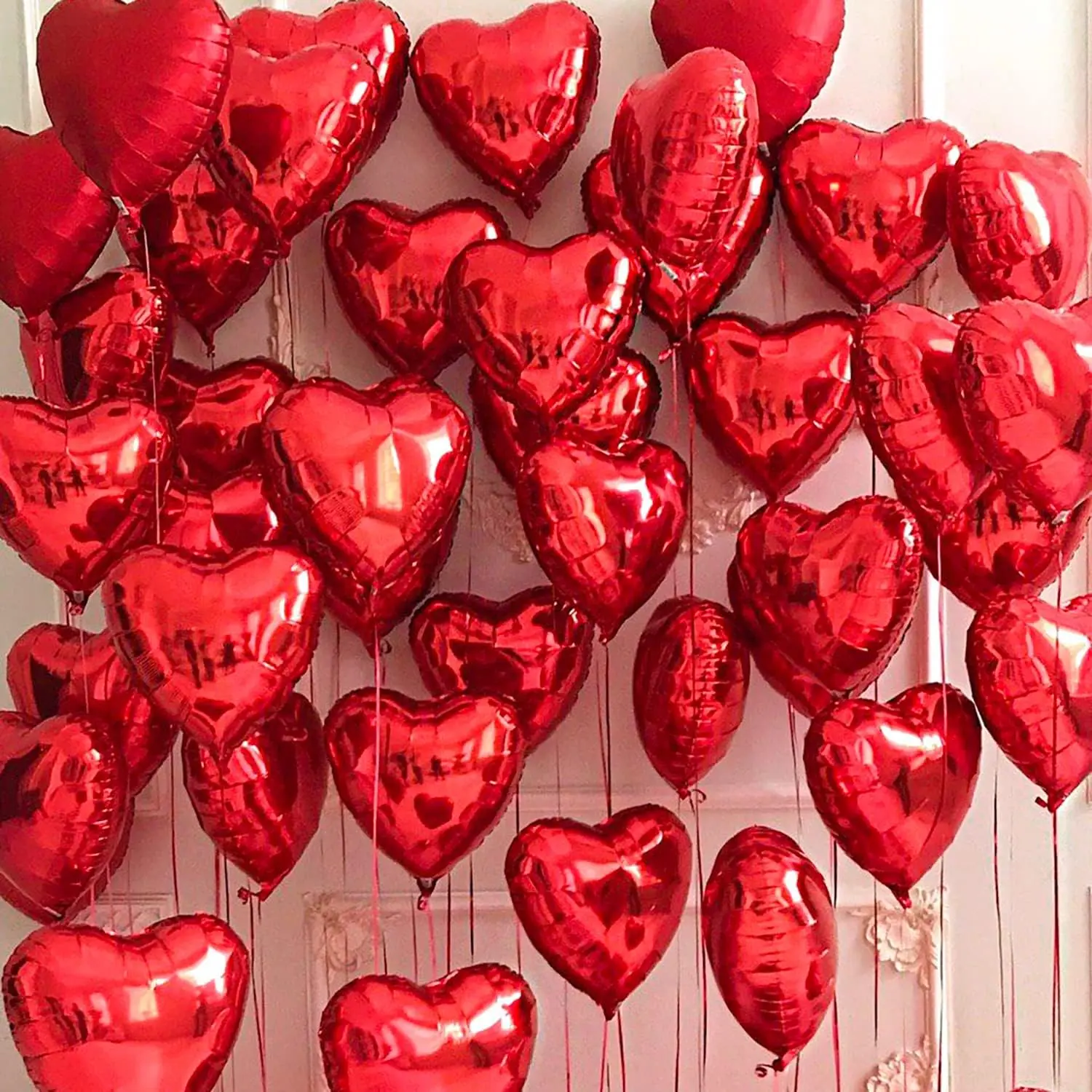 18" Red Heart Shape Foil Helium Balloons, 30-Piece Bunch with Metallic Luster, Helium-Supported Decor for Valentine’s, Mother's Day & Romantic Events