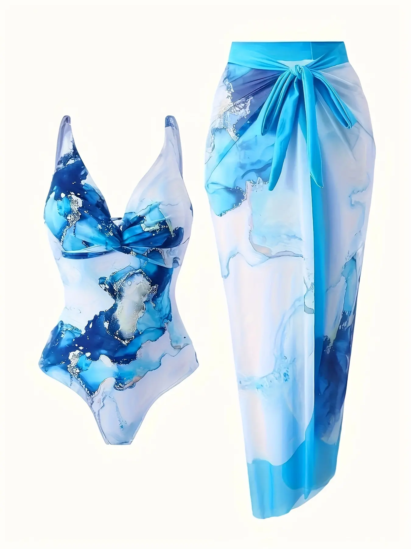 Women's Marble Print 2-Piece Beach Swimwear Set - V-Neck Cut 1-Piece Bathing Suit, Matching Side-Tie Sheer Cover-Ups Swimsuits, Skirt Style, Fun in the Sun Chic Summer Sports Swimdress