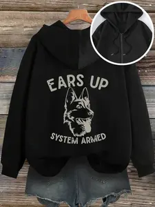 Women's Autumn Winter Hooded Zipper Sweatshirt, German Shepherd Print Casual Fitted Top, Plain Pattern, Moderate Fabric, Ladies Fashion