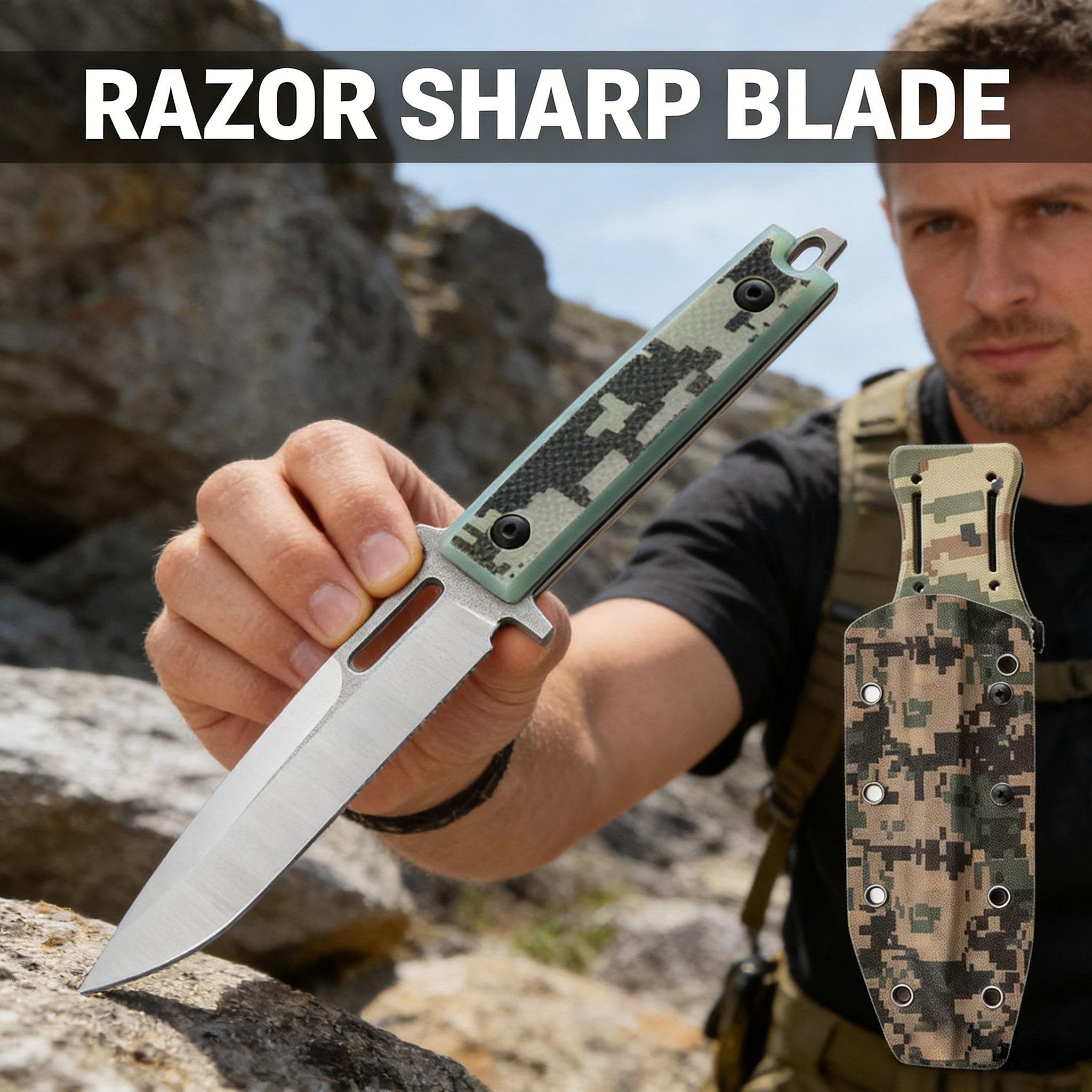 Full Tang Fixed Blade Survival Knife with Camo Sheath, Tactical Hunting Knife for Camping Hiking EDC, Outdoor Utility Knife for Men, Durable Camping Gear with Easy Carry