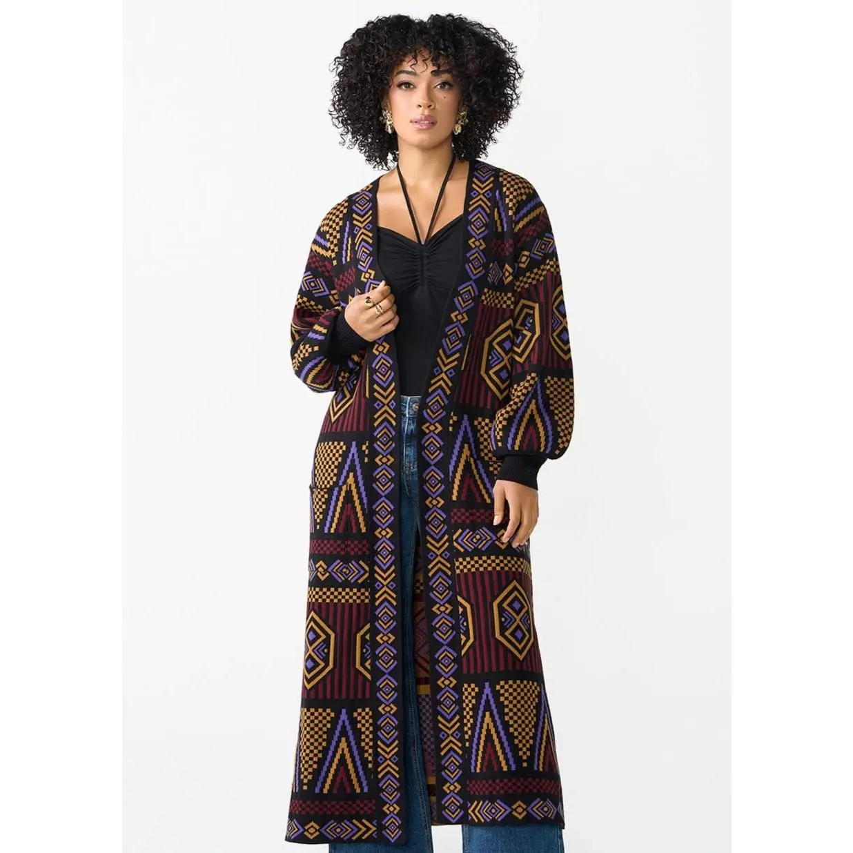 Oratile Women's African Print Cardigan (Black Burgundy Tribal)