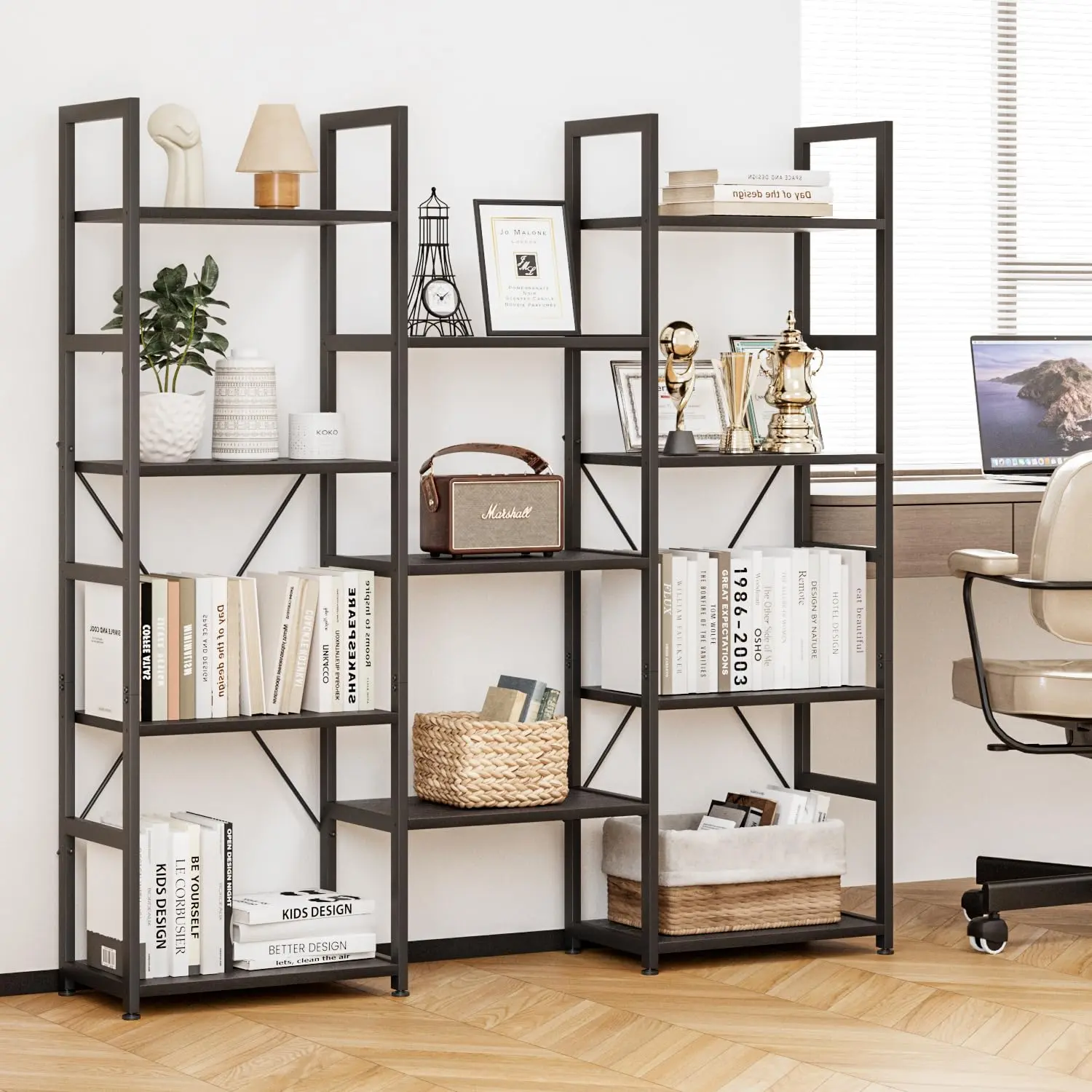 Triple 4 Tier Bookshelf, Tall Book Shelf with 11 Open Display Shelves, Adjustable Industrial Bookcase in Living Room, Bedroom, Wide Metal Bookshelf Book Case for Home & Office, Black