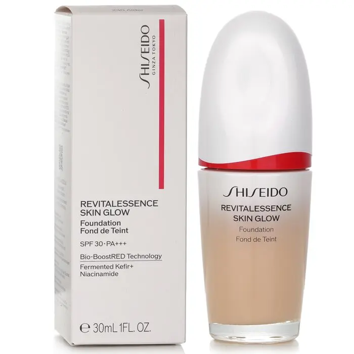 SHISEIDO Revitalessence Skin Glow Foundation - Lightweight, Smooth, Full Coverage Makeup with SPF 30, Evens Skin Tone - #230 Alder, Even Skin Tone