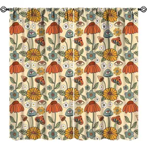 Boho Mushroom Floral Curtains 70s Retro Bohemian Flowers Art Printed Window Drapes for Bedroom Living Room Kitchen Decor Fabric