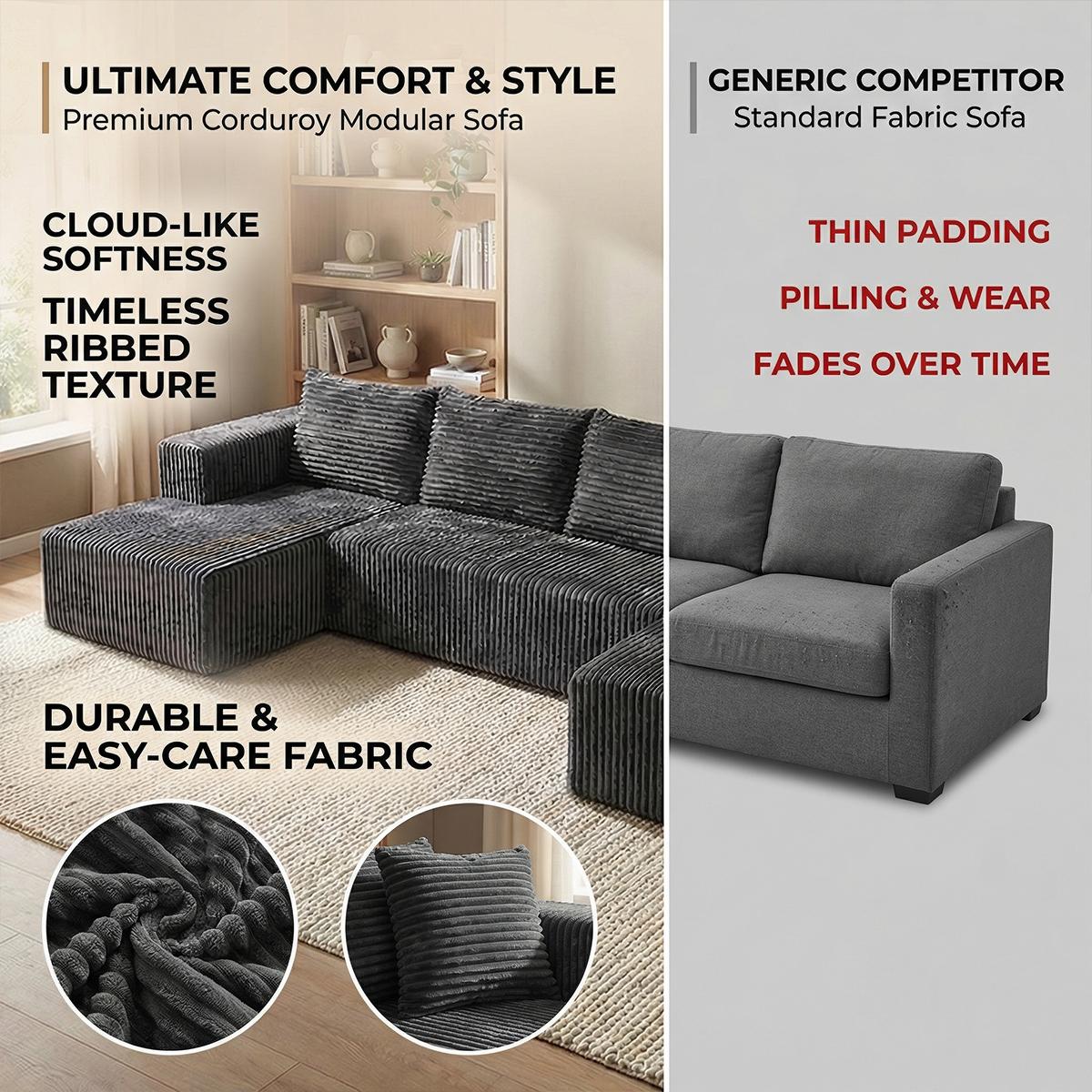 Oversized U-shaped boneless sofa with modular design for free combination, providing a deep sense of coverage and comfortable cloud corduroy fabric; Modern minimalism, no need for assembly; Suitable for living rooms, bedrooms, and other occasions
