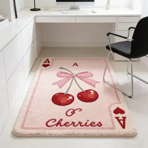 Heart Poker Cherry Bow Plush Rug, Soft Skin-Friendly Foot Mat, Style Desk Bedroom Ground Decoration, Casual Room Arrangement Blanket, Super Soft Rug