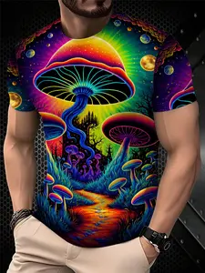 Men's Printed T-Shirt - Black/Gradient Multi-color Trendy Top, Round-neck Short-Sleeved T-shirt, suitable for daily wear, casual gatherings, fashionable gradient style, Streetwear, machine washable