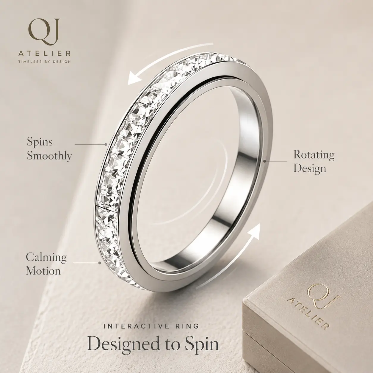 Women's Spinner Ring, Interactive Rotating Band with Crystal Inlay, Anxiety & Stress Relief Fidget Ring, Gifts for women,Engagement rings queen
