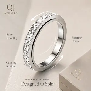 Women's Spinner Ring, Interactive Rotating Band with Crystal Inlay, Anxiety & Stress Relief Fidget Ring, Gifts for women,Engagement rings queen