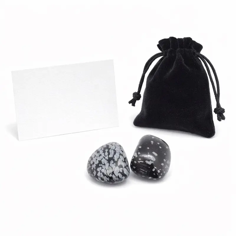 2 Snowflake Obsidian Stones ~1” with Velvet Pouch & Info Card - Grounding Protection Balance Crystal Set