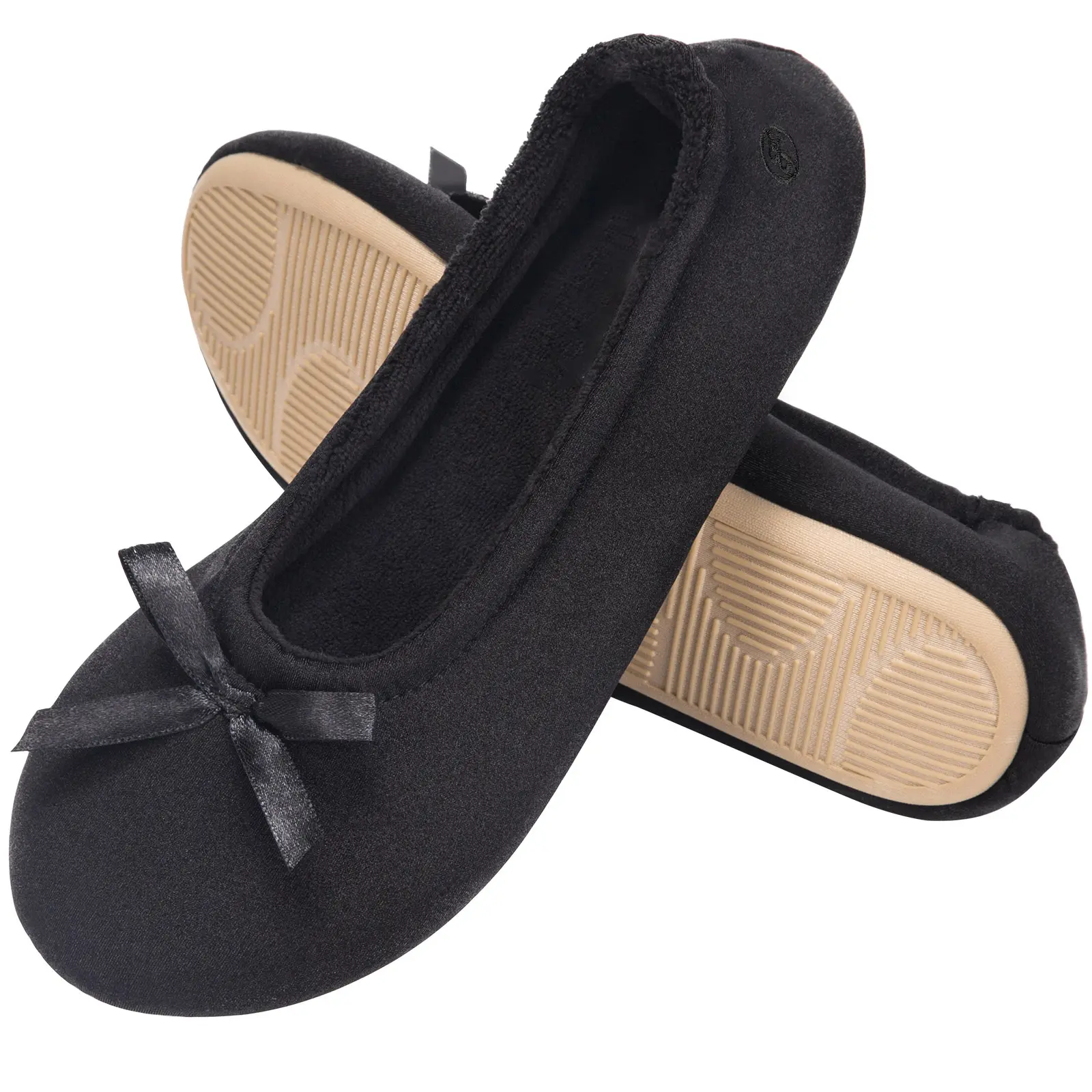 EverFoams Women's Satin Memory Foam Ballerina Slippers Comfortable House Indoor Shoes with Non-slip Rubber Sole