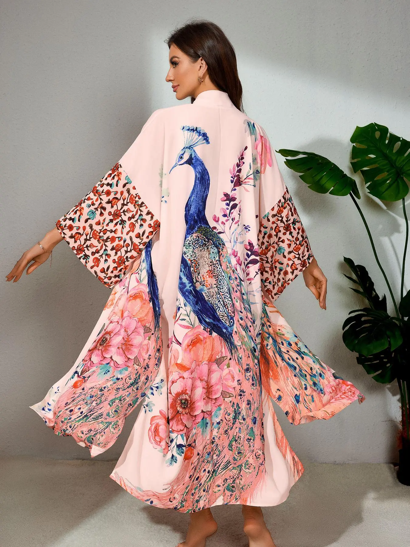 Plus-Size Peacock and Floral Print Belted Wrap Kimono Cardigan, Casual Chic Split-Hem Design, Women's Summer Cover-Up for Beach Holidays, Swimsuit Cover Up, Summer Coverup, Beach Coverups, Swimwear Coverups
