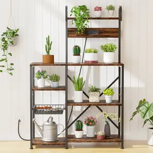 Walsunny 23.6" Standing Bakers Rack Shelf with Power Outlet, Kitchen Organizers and Storage with 6 Hooks, Coffee Station Cabinet, Steel-Retro, Grey Etagere Bookcase Bookcase Multipurpose adjustable versatile utility rack