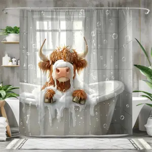 1/4 piece cute Highland cow bubble bath shower curtain set, waterproof shower curtain with 12 hooks, non-slip bathroom carpet, toilet U-shaped cushion, toilet seat cover cushion, bathroom decoration, bathroom shower curtain set, perfect moving gift.