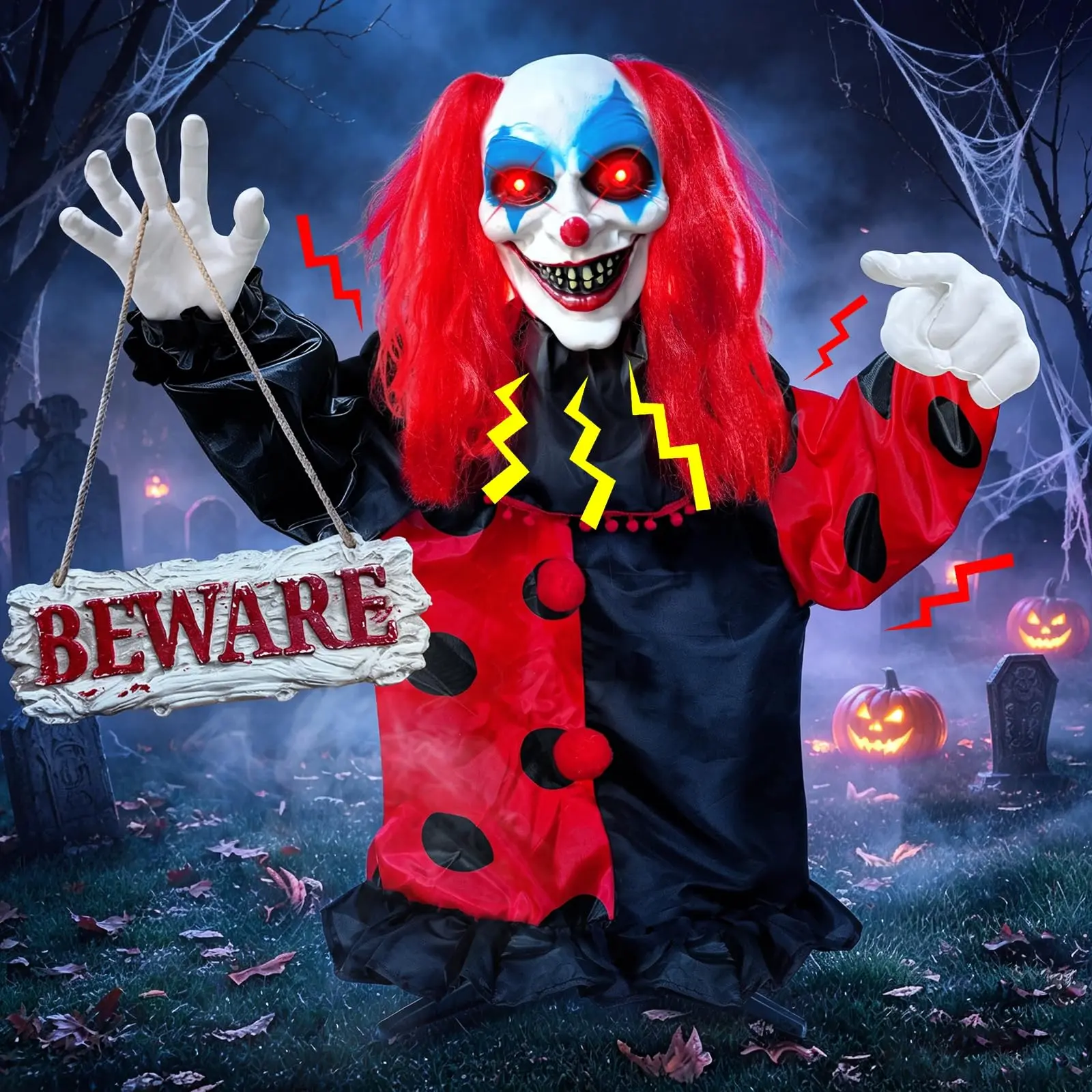 [Talking & Sound Activated] 40'' Halloween Animatronic Standing Scary Clown | Creepy Sound,Red Hair Light Up Red Eyes & Shake Body Halloween Haunted House Props for Halloween Decorations Outdoor Indoor