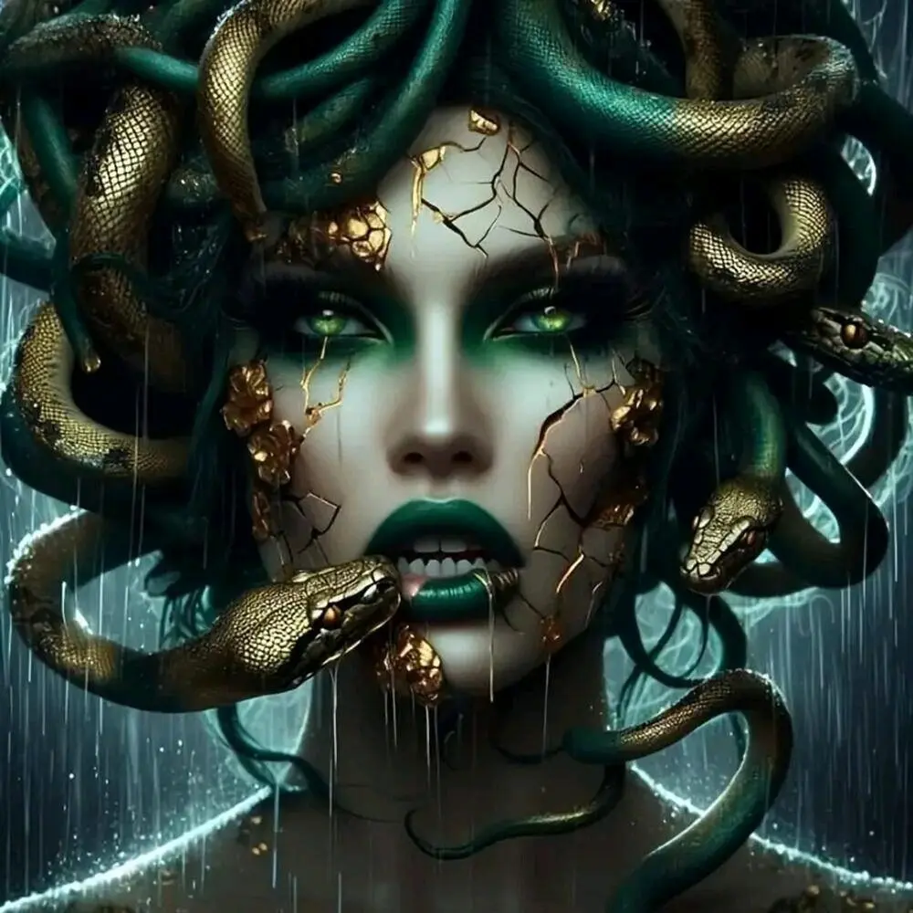 Kintsugi Medusa with Snake Hair, Multiple sizes available including square and round diamonds, Diamond Pattern Design, 5D DIY diamond painting embroidery kit, Embroidery Snake Patterned decor holiday birthday art personalized gift, Handmade Gifts