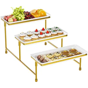 3 Tier Serving Tray for Party, 14"x7" Tiered Serving Platters with Steel Display Stand for Sevring Food,Cookies,Veggie, Dessert,Fruit, Gold