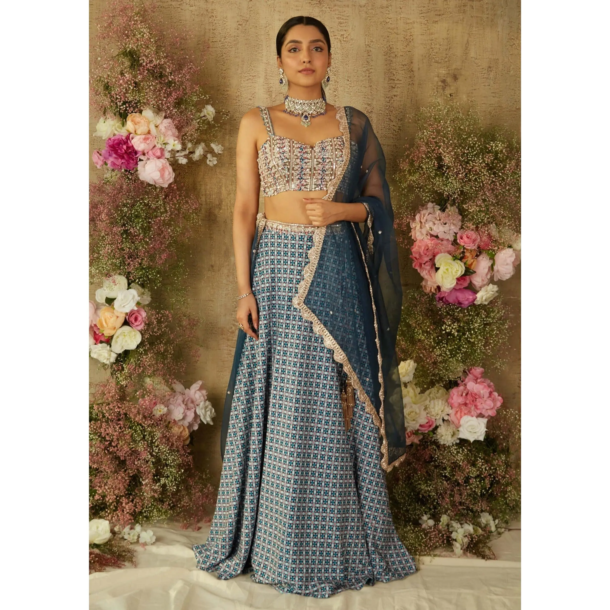Blue printed lehenga set