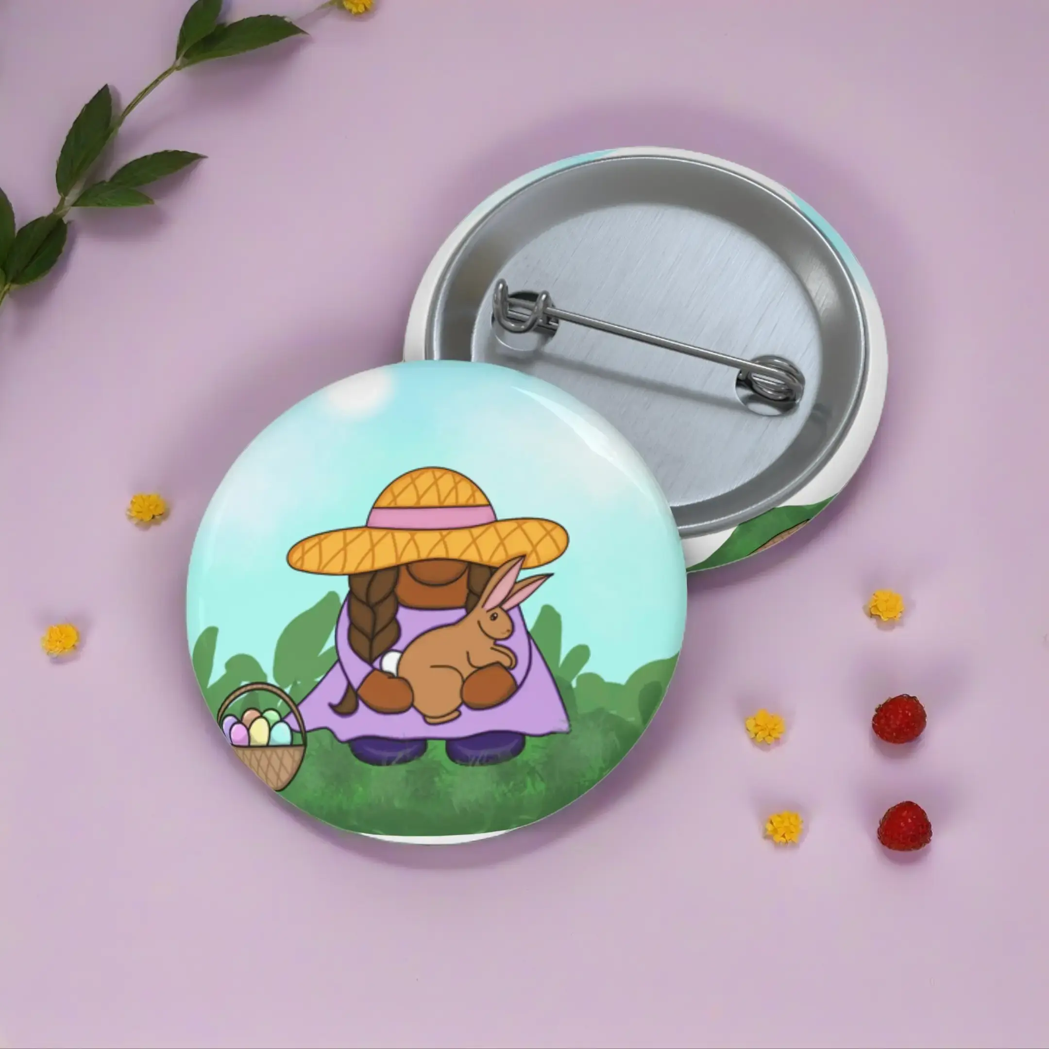 Gnome with Bunny Pin Button | Easter Bunny Illustration Button