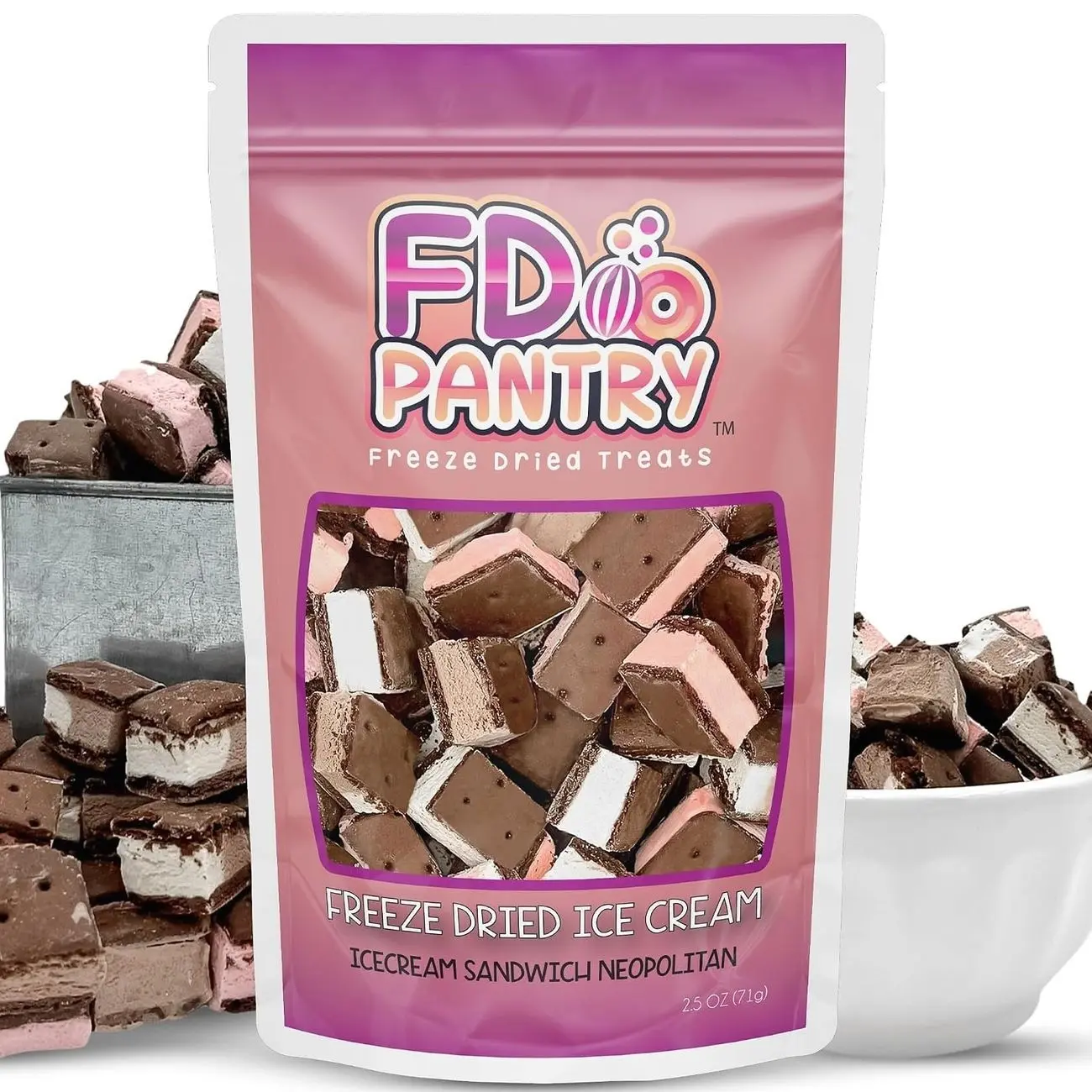 Freeze Dried Ice Cream Sandwich Bites, Neapolitan, Crunchy & Sweet Snack, 2.5 oz, Dehydrated, Resealable Gift Bag, Strawberry, Vanilla, Chocolate