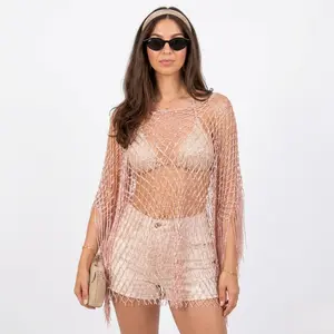 2026 Spring/Summer Gold Fishnet & Fringe Cutout Set | Versatile Shawl & Beach Sun Protection Cover-up