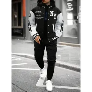 New York-Inspired Men’s Baseball Jacket & Joggers Set – Casual streetwear with letter print, polyester blend, button details—perfect for fall/winter; jogging suits