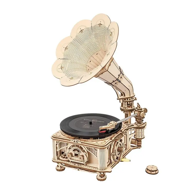 ROKR LKB01 Unisex 3D Puzzle Kit - DIY Crank Classic Horn Shape Gramophone Music Box with Vinyl Record (3 Music) for Audio Play, Antique Wooden Retro Home Decoration, Vintage Gift