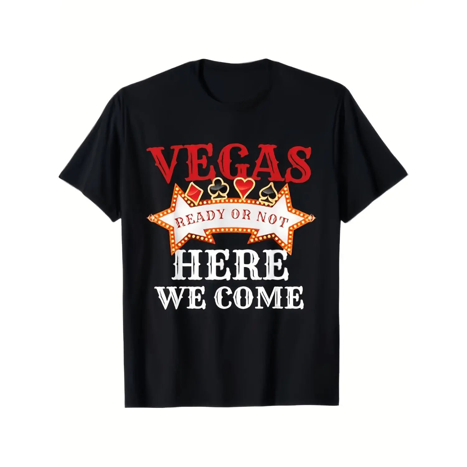 Unisex Vintage Las Vegas Pattern T Shirt 100 SM Stretch Fabric Black Underlining Red and White Neon Letters and Poker Design (Heart Spade Square) Local Warehouse Delivery ChrMen's Casual Short Sleeve Funny Graphic Tees T Shirt Comfortable Casual