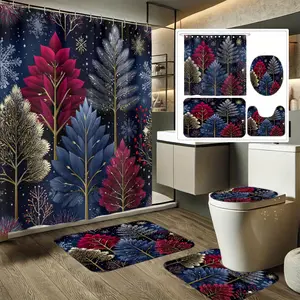 4pcs Winter Night Starry Snow Scene Printed Shower Curtain Set, Non-Slip Mat, Toilet Cover, Rug & 12 Plastic Hooks, Holiday Gift for Home, Christmas Shower Curtain For Bathrooms,Fall Shower Curtain Sets For Bathrooms, Christmas Tree Shower Curtain