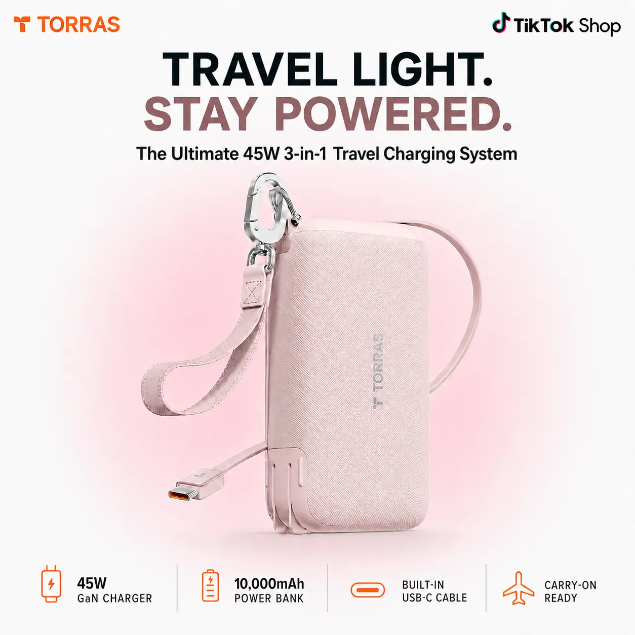 TORRAS PowerGo 3-in-1 GaN Mobile Plug Electronic Power Bank 45W Fast Charging 10000mAh Portable Charger with 3.3ft Retractable Cable, Travel Hook for iPhone, iPad, MacBook, Galaxy