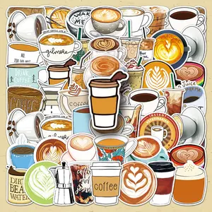 Coffee Pattern Sticker, 50pcs/set Creative Coffee Pattern Decorative Sticker, DIY Decorative Sticker for Phone Case, Luggage, Scrapbooking, Journal Making