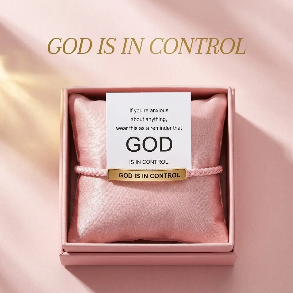 Adjustable Pink Braided Faith Bracelet for Women - 18K Gold Plated Engraved 'God Is In Control' Inspirational Christian Jewelry, Skin-Friendly, Ideal Gift for Her, Daily Wear & Spiritual Reminder