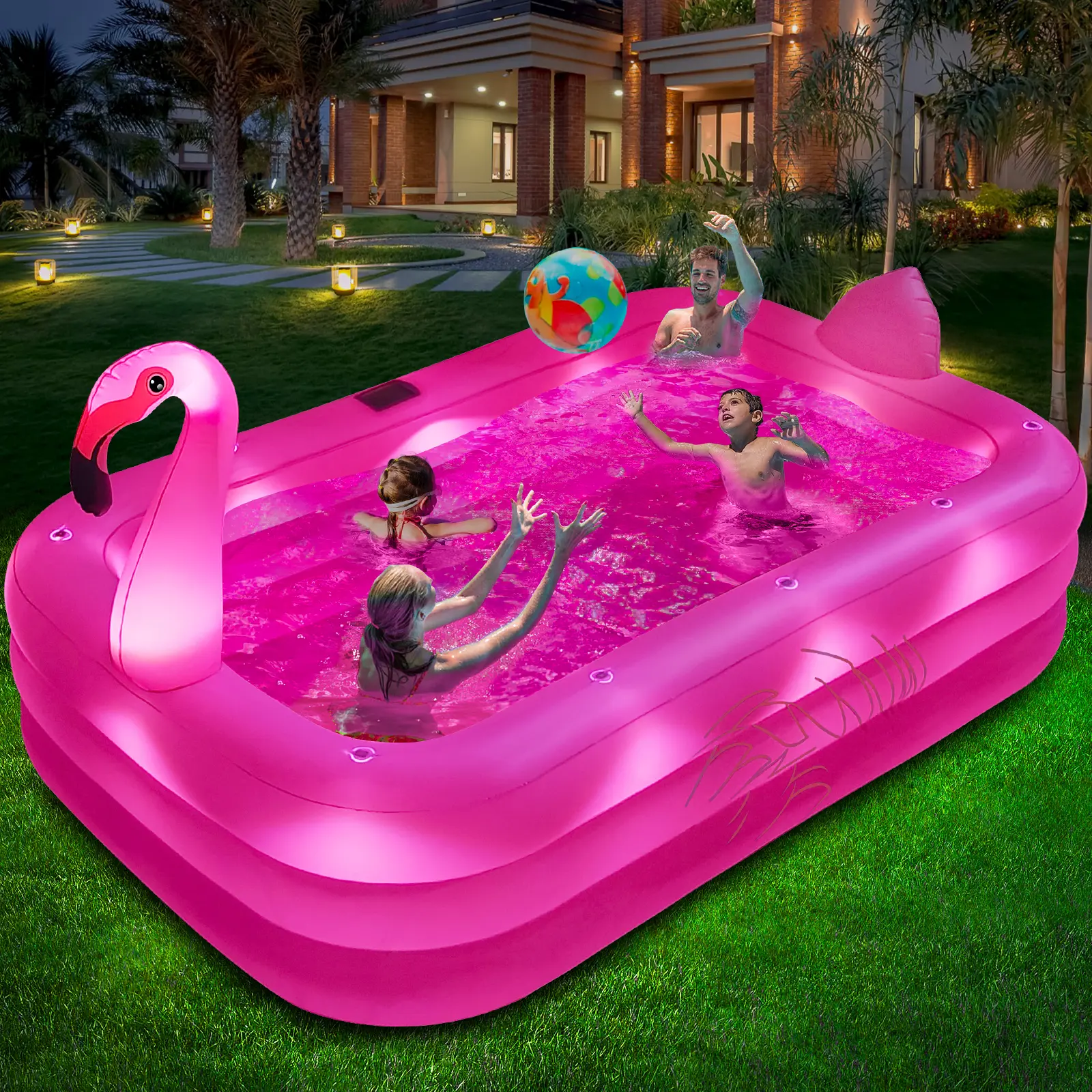 Solar Flamingo Swimming Pool for Kids,WaveHaven Inflatable Pool with Lights, Adults Inflatable Blow up Pool, Large Kiddie Pool,Durable Thickened Kids Pool for Backyard,Outdoor,100"X63"X20"-Bright Pink,#SummerVibes
