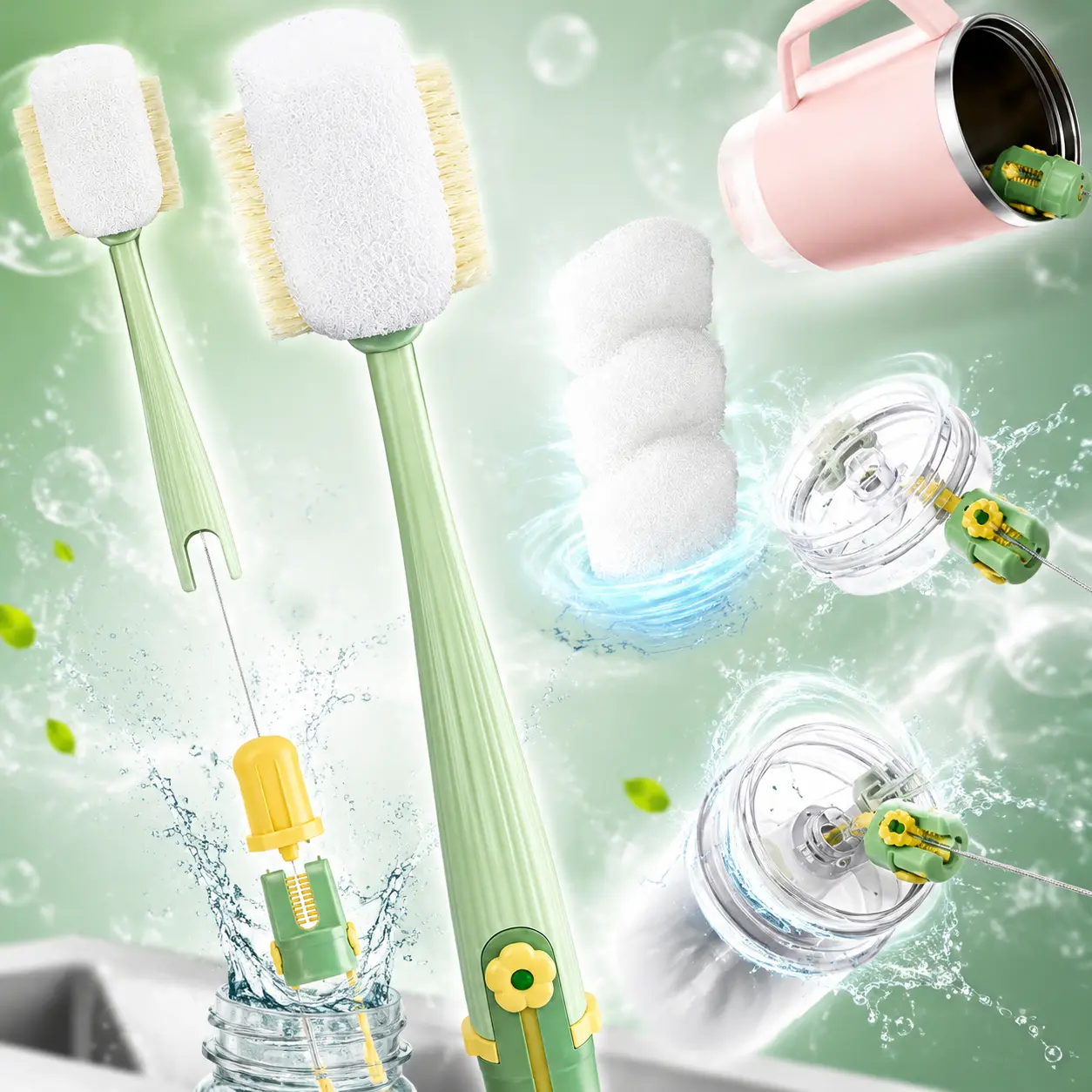 2 pack-Multifunctional 5-in-1 Bottle Brush Kit, Push-Press Foaming Bottle & Straw Cleaning Brush, All-in-One Cleaning Tool for Baby Bottles, Nipples, Breast Pumps and Drinking Cups