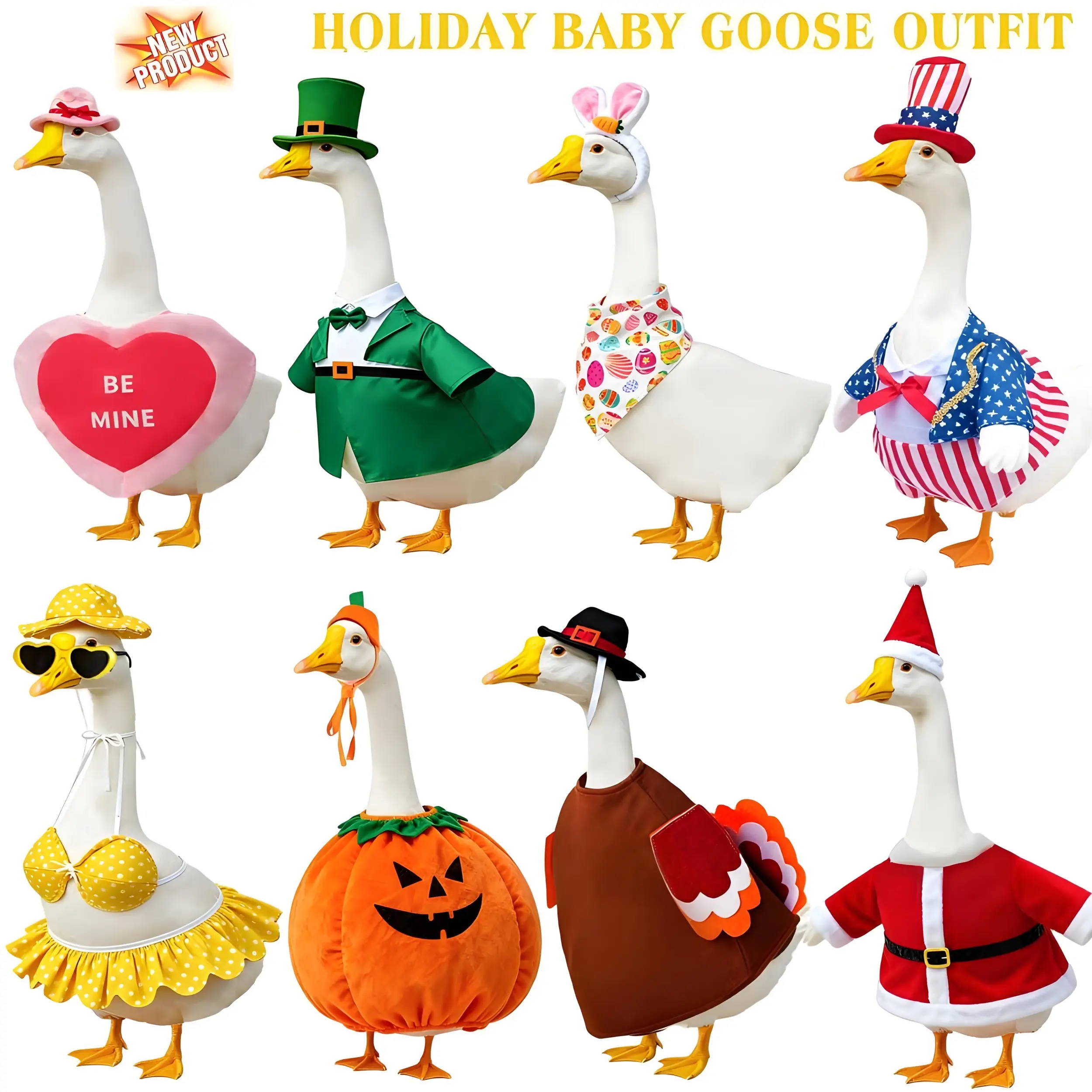 23in Knit Porch Goose Outfits 8-Set Pack - Vibrant All-Seasons Kit for Valentine's Day, Halloween, Easter, Outdoor Patio/Garden Decor, Gift-Worthy DIY Specialty Supply