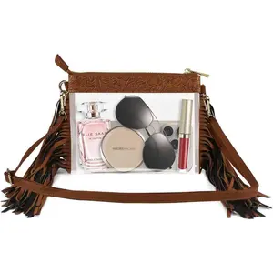 Western Fringe Clear Crossbody Purse, Stadium Approved Transparent Bag with Embossed Leather Trim, Boho Brown Tassel Shoulder Bag for Concerts & Festivals, Everyday Bag for Women, Trending Beach Purse, Casual Daily Shoulder & Crossbody Bag