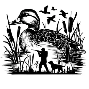 Duck In Pond with Silhouette Of Hunter and dog Direct To Film image DTF Print, Ready To Press Print for T-Shirts