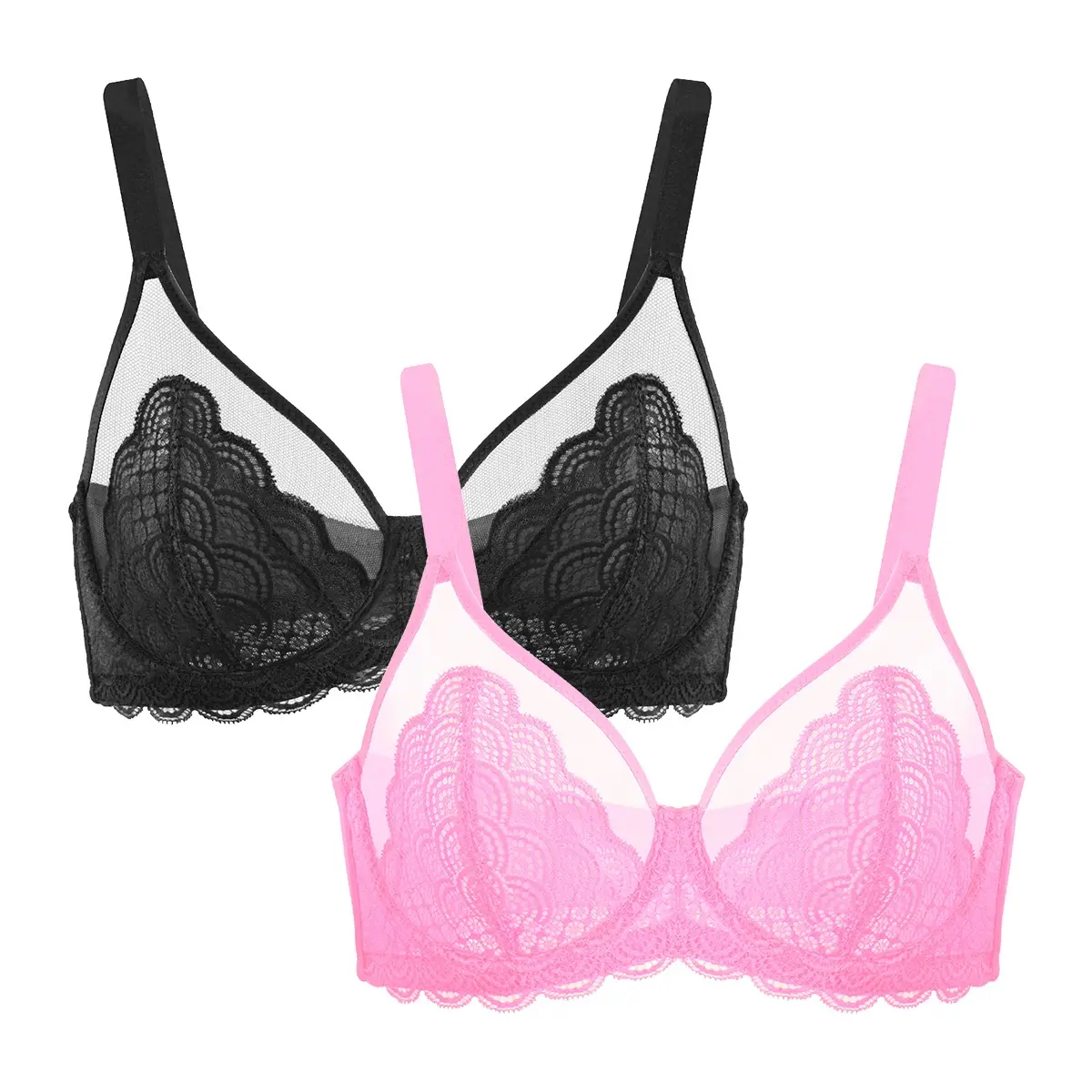 HSIA Mermaid Scales Lace Mesh Breathable Unlined Full Coverage Non-padded Plus Size Sexy Fashion Underwire Bra Set 2 Pack Womenswear Underwear