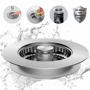 Hibbent All Metal Kitchen Sink Strainer Stopper Combo - Stainless 3-in-1 Pop Up Sink Drain Strainer with Handle Rod for US Standard 3-1/2 inch Drain Filter, Anti-Clog