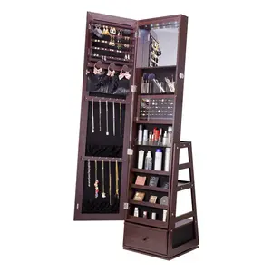 【FathersDayGift】VEVOR Mirror Jewelry Cabinet,  360° Swivel Standing Mirror with Storage, Lockable Jewelry Mirror Organizer with Full Length Mirror, Velvet Lining, LED Light, Drawer, Freestanding Jewelry Armoire, Brown
