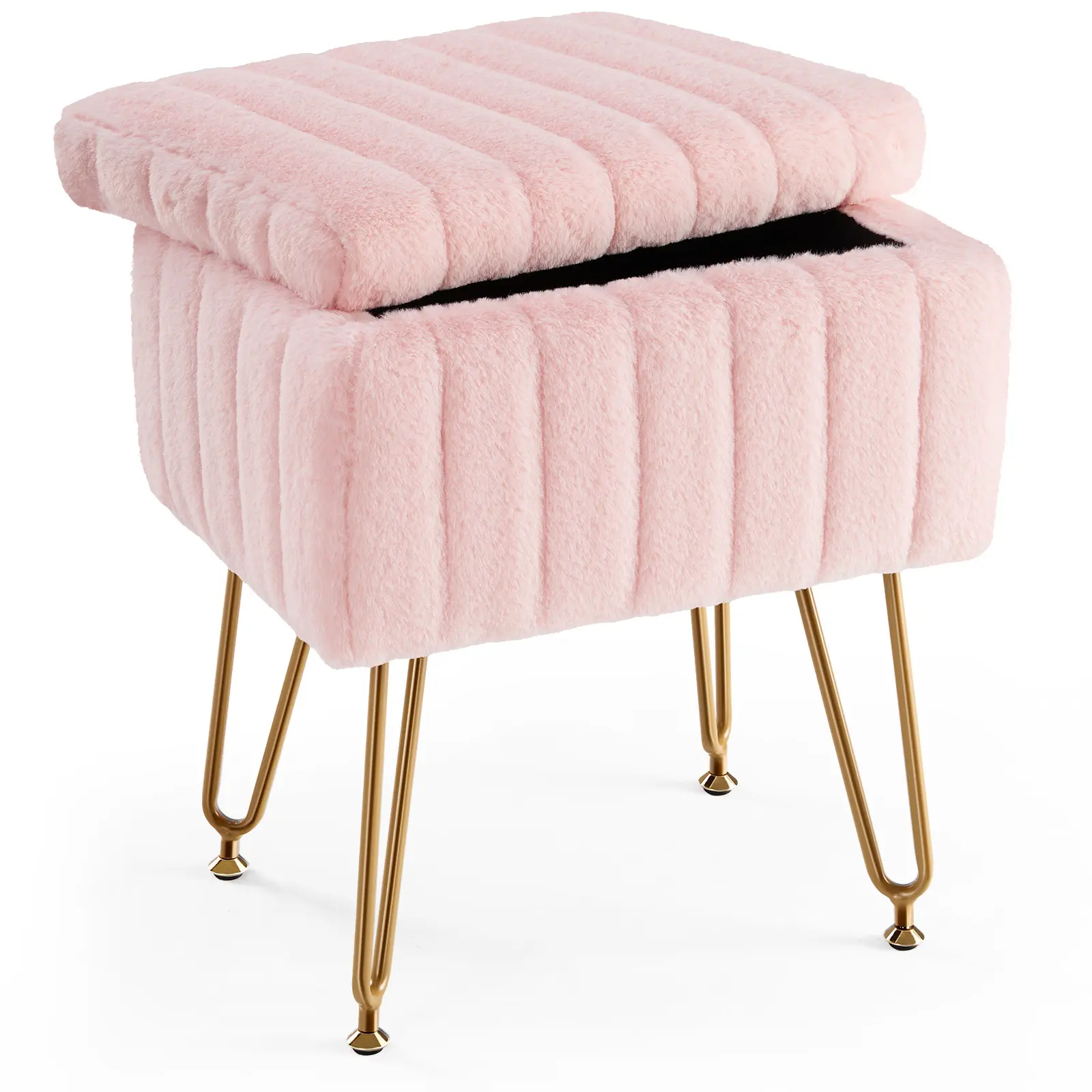 Pink Vanity Stool Chair with Storage, Faux Fur Padded Makeup Footstool, 4 Metal Legs with Anti-Slip Adjustable Feet, Stylish Design for Home Interior